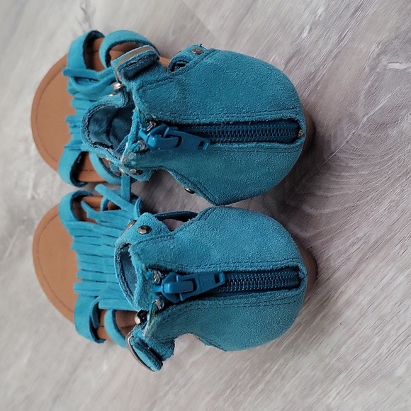 MINNETONKA Women's Sandals Suede Fringe Wedge wedge Turquoise  Size 6 - Picture 3 of 11